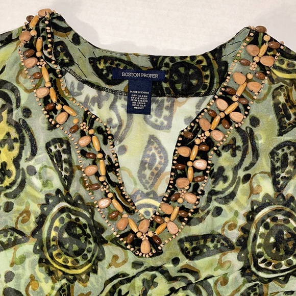 Boston Proper Green Silk Medallion Wooden Beaded Tunic Cover Up M - Picture 4 of 8